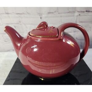 Vintage Hall Gold Leaf Design 6cup Teapot #0753 Maroon Burgundy Rare Hinged Lid